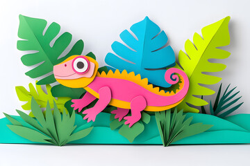 Obraz premium Colorful chameleon in the jungle, paper cut art style