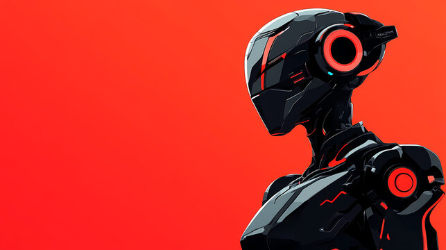 A futuristic robot figure with a sleek black design and glowing red accents, set against a vibrant red background. Futuristic Robot Design. Illustration