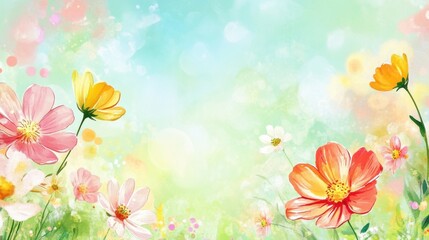 Vibrant watercolor cosmos flowers in a spring meadow.