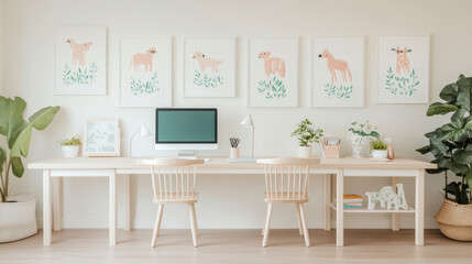 Pastel Animal Prints Adorn a Light Wood Home Office