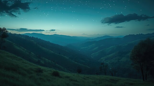 A tranquil evening scene in Araku Valley, with stars twinkling over the silhouette of hills and valleys.