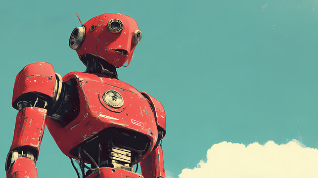 A vintage red robot stands tall against a clear sky, showcasing a charming retro design with expressive features. Futuristic Robot Design. Illustration