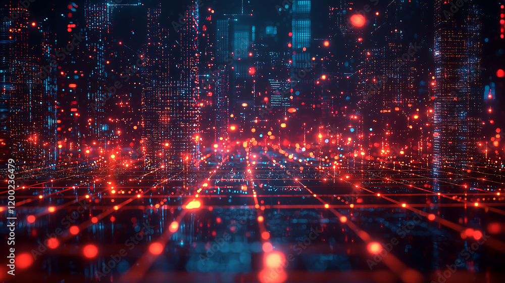 Poster digital landscape with glowing grids and neon lights representing ai-driven urban networks and futur