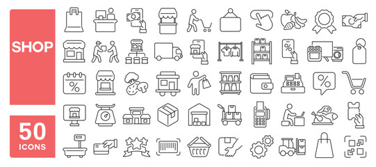 Set of 50 line icons related to shop, market, cart, buy, sell, offer, online, retail, store, payment, client, coupon, delivery, consumer, Editable stroke. Vector illustration