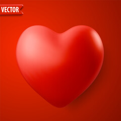 Realistic red 3D heart icon on red background with smooth gradients. Isolated heart design for romantic love invitation and Valentines Day, Mother day or wedding concept. Vector illustration
