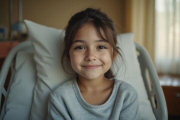 a little girl smiles while sitting in a hospital bed
