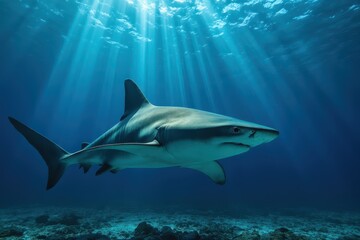 Fototapeta premium a shark swimming in the ocean with sunlight shining down
