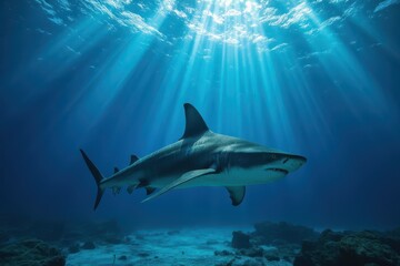 Obraz premium a shark swimming in the ocean with sunlight shining down