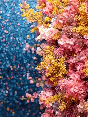 Pink and yellow flowers on a sparkling blue background. Perfect for spring celebrations, wedding invitations, or nature-inspired designs.