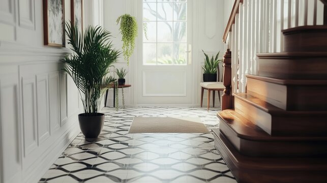 A stylish entryway with a patterned tile rug that serves as a focal point in the interior design.