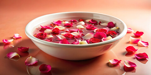Foot spa basin with rose petals and water