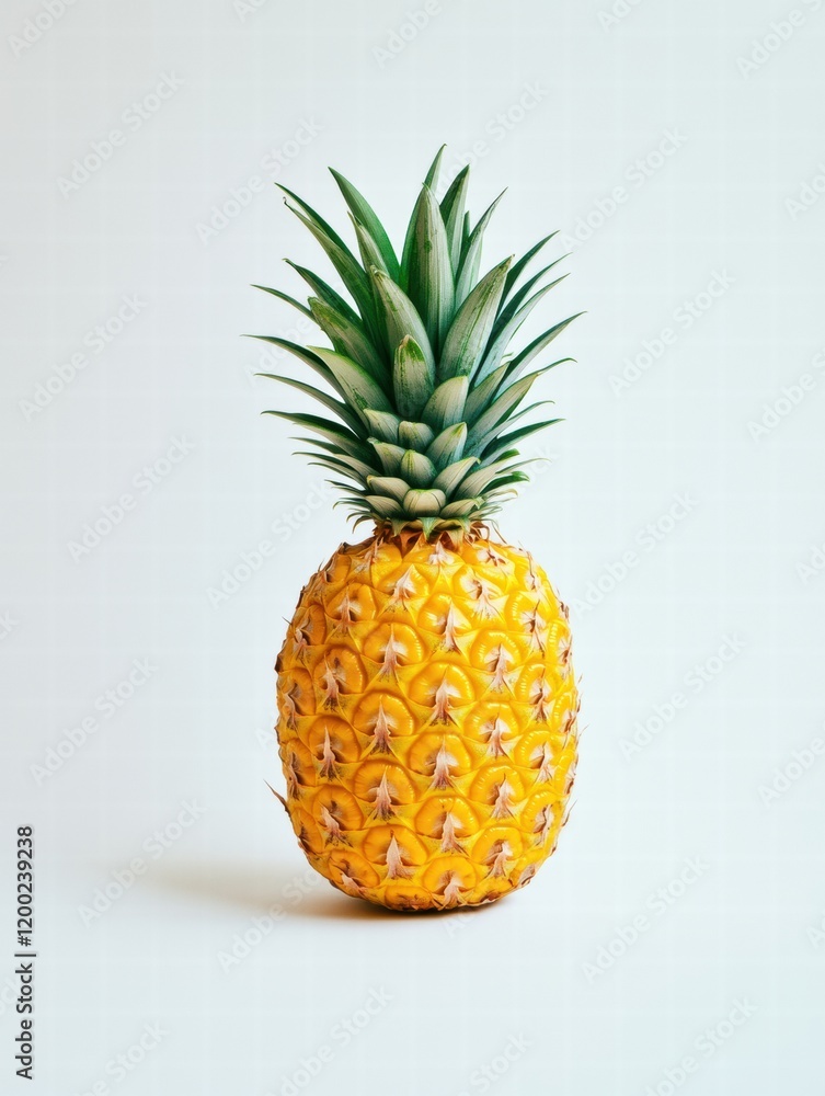 Poster freshly harvested pineapple standing upright on a plain backdrop showcasing its vibrant texture and 
