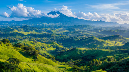 Fototapeta premium Majestic Mountain Range with Lush Green Valley under a Blue Sky