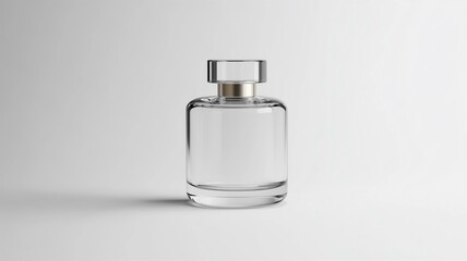 Photorealistic image of a clear glass perfume bottle with a metallic cap, isolated on a white background