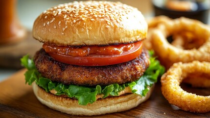 A close-up of a street food-style burger with a fried chicken patty, lettuce, tomato, and spicy mayo, served in a soft sesame bun with a side of onion rings.
