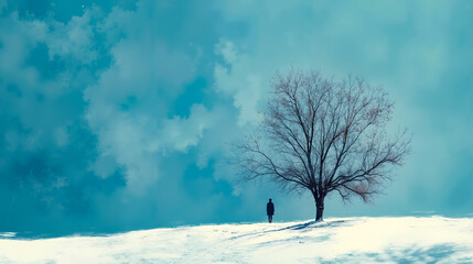 A lone person standing in the middle of a snow covered field