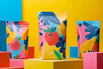 Three bags of fruit on a colorful background