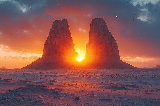 In the dusky light of sunset, the moon illuminates a scene of limestone chimneys and unique rock formations near the dry salt lake Abbe, Djibouti