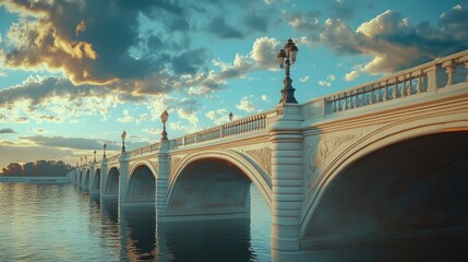 A side view of the calculus bridge highlighting its architectural details, with dramatic clouds rolling in the background.