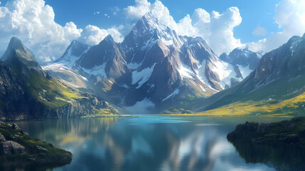 Majestic mountain peaks, serene lakes - ai landscape. Majestic Mountain Peaks. Illustration