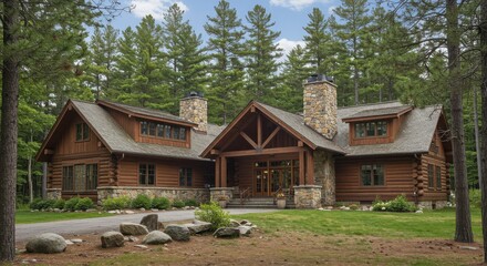 Obraz premium Luxury Log Cabin Home in Forest with Stone Chimneys and Driveway