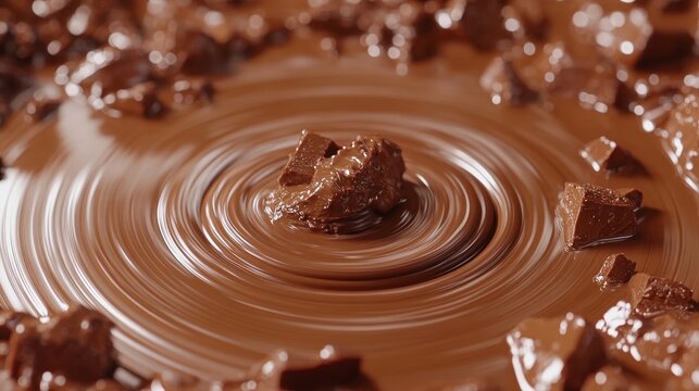 Chocolate swirls, melted dark chocolate background with melting chocolate pieces, close-up.