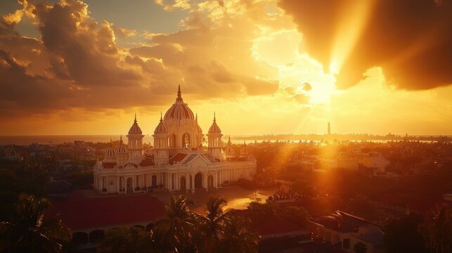 A serene view of the Velankanni Basilica at sunset, with golden rays illuminating the architecture,