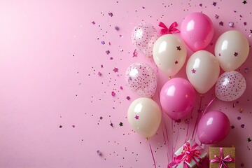 Festive Pink Birthday Celebration with Balloons and Gifts
