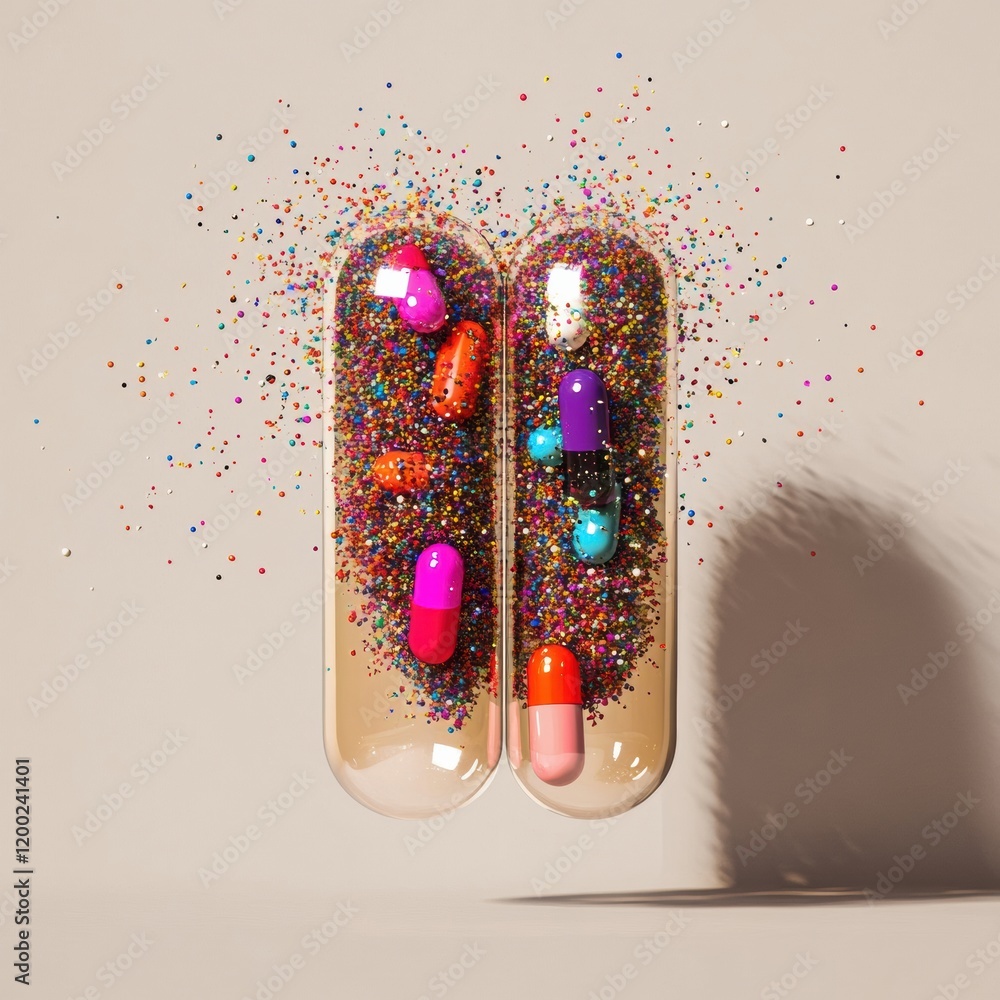 Poster colorful particles spill out from split capsule creating an eye catching display of vibrant hues. ge