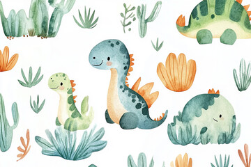 Fototapeta premium The image is a cute watercolor illustration of various dinosaurs, including a Brontosaurus, a Stegosaurus, and other smaller dinosaurs, surrounded by cacti and tropical plants