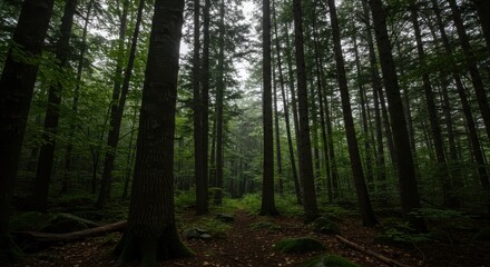 Obraz premium Dark Forest with Tall Trees and Path in Woods