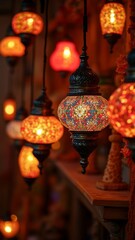 Close-up of traditional mosaic glass lanterns with intricate floral patterns, glowing warmly, suspended in a cozy indoor setting