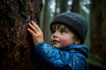 Child's Wonder: A Rainy Day Exploration in Nature's Embrace. A young boy, clad in a warm jacket and beanie, touches a tree, his face filled with awe and curiosity as he explores the wonders of nature 