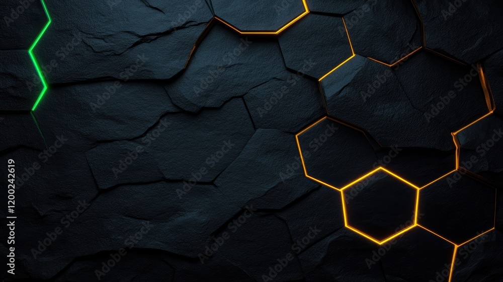 Poster futuristic greeting card, futuristic greeting card with bright hexagonal patterns on a dark slate ba