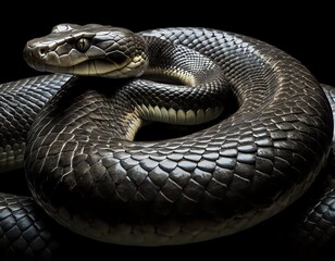 Fototapeta premium Dark Coiled Snake: Dramatic Close-Up, Textured Scales, Mysterious Mood