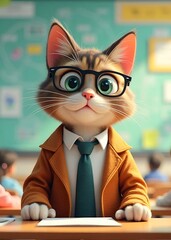 Cat student in glasses, shirt, tie and jacket at school in classroom