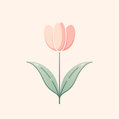 Tulip icon. Stylized pink flower with green leaves on ivory background. Best for web, polygraphy, logo design and festive decoration.