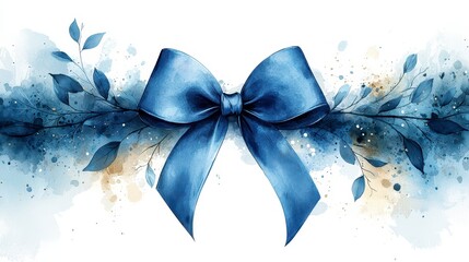 Elegant blue ribbon bow with watercolor leaves and gold accents.