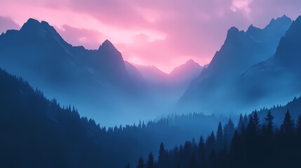 Misty blue mountain ranges with pink sky and pine forest silhouette at dawn. Majestic Mountain Peaks. Illustration