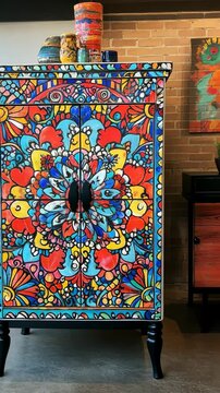 Colorful hand-painted armoire showcases intricate floral designs in a modern living space