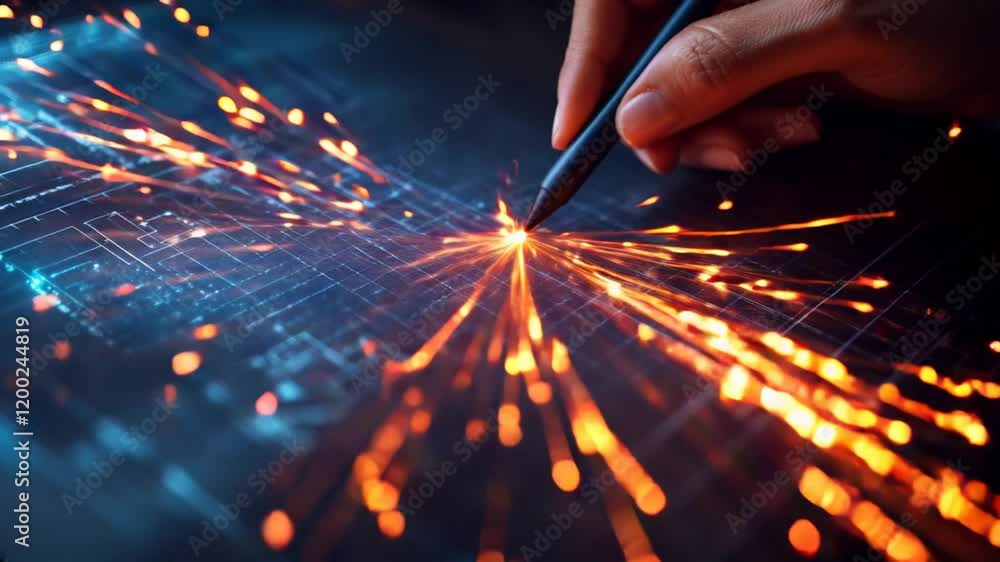 Poster close-up of hand using stylus on illuminated digital interface. ai-assisted creativity, generative d