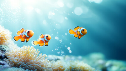 Fototapeta premium Three clownfish swim near coral in sunlit ocean.