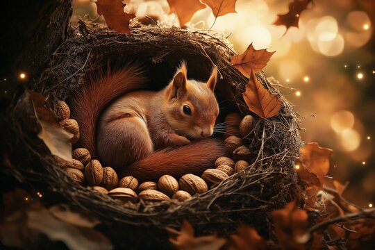 A red squirrel curled up in a cozy nest surrounded by nuts and autumn leaves, illuminated by a warm golden glow, creating a serene and enchanting woodland scene