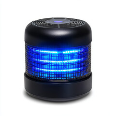Black cylindrical device with blue LED light grid.