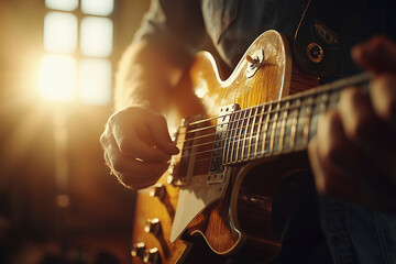 Fototapeta premium Guitarist Playing Electric Guitar Close-up: A Captivating Image of Musical Passion and Skill