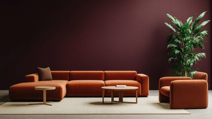 A minimalist living room with a burnt orange oversized sofa