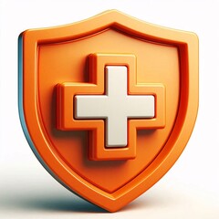 Fototapeta premium Orange shield with a first aid cross, 3D render icon, isolated on white background