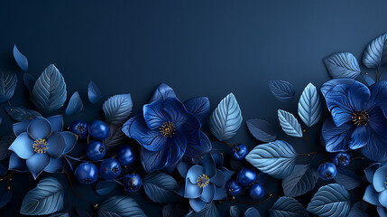 Blue background with flowers and leaves  composition