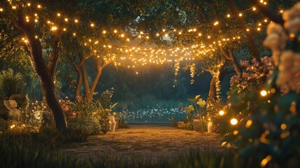 Fototapeta premium A scenic outdoor setting with fairy lights strung between trees, creating a romantic atmosphere.
