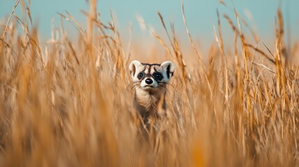 Ferret peeking out from tall grass on sunny day, blue sky background, wildlife use
